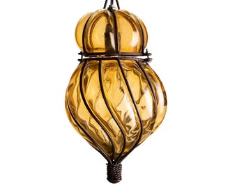 Lámpara colgante de techo de cristal soplado a mano de estilo veneciano antiguo, farol de metal con forma de jaula, lámpara colgante de Murano