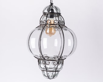 Lámpara colgante de techo de cristal soplado a mano veneciano antiguo, linterna de metal con jaula, lámpara colgante de Murano