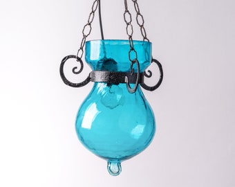 Lámpara colgante "Gota de agua", colgante de techo veneciano antiguo de vidrio soplado a mano, linterna de jaula de metal, lámpara colgante de Murano