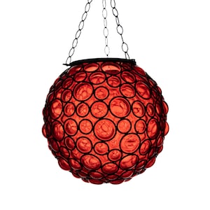 Large hand-blown glass pendant light, metal cage lantern, shaped like a pomegranate or globe