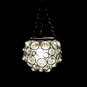 Hand-blown glass pendant light, metal cage lantern, in the shape of a pomegranate or a globe