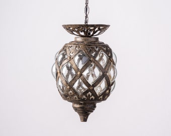 Lámpara colgante "L'Andalouse" de vidrio soplado de colores, Lámpara colgante antigua de vidrio soplado a mano, farol de jaula de metal, lámpara colgante de Murano