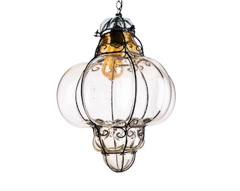 Lámpara colgante de techo de cristal soplado a mano veneciano antiguo, farol de metal con forma de jaula, lámpara colgante de Murano, color humo