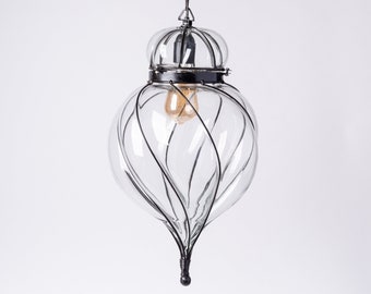 Lámpara colgante de techo de cristal soplado a mano de estilo veneciano antiguo, farol de metal con forma de jaula, lámpara colgante de Murano
