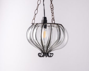 Lámpara colgante "César" de cristal soplado transparente de Murano, lámpara colgante antigua veneciana de cristal soplado a mano, farol con jaula de metal