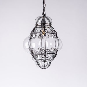 Antik venetiansk handblåst glastakpendel, metallburlykta, Murano-pendellampa