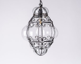 Lámpara colgante de techo de cristal soplado a mano veneciano antiguo, linterna de metal con jaula, lámpara colgante de Murano