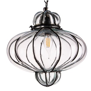 Antique Venetian Hand-Blown Glass Ceiling Pendant, Metal Cage Lantern, Murano Suspension.