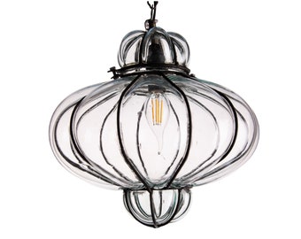 Lámpara colgante de techo de cristal soplado a mano veneciano antiguo, linterna de metal con jaula, lámpara colgante de Murano
