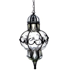 Hand-Blown Antique Venetian Glass Ceiling Pendant, Metal Cage Lantern, Murano Style Suspension