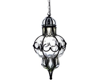 Colgante de techo veneciano antiguo de vidrio soplado a mano, farol de jaula de metal, lámpara colgante estilo Murano