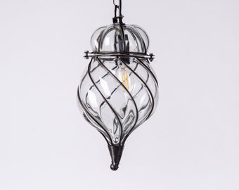 Lámpara colgante de techo de cristal soplado a mano veneciano antiguo, linterna de metal con jaula, lámpara colgante de Murano