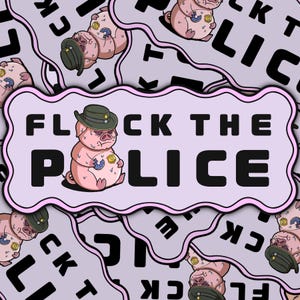 May include: A sticker design featuring a repeating pattern of a pink pig wearing a green hat, holding a blue donut and a yellow badge. The central element is a light purple scalloped rectangle with the black text FLOCK THE POLICE.