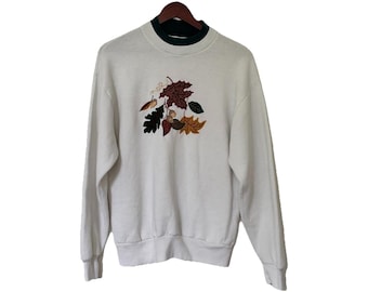 Sudadera vintage Gopher Sport para mujer, estampado de hojas otoñales y cuello acanalado verde, talla M.