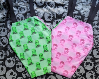 Green Frankenstein's Monster or Pink Bride of Frankenstein Coffin Tote
