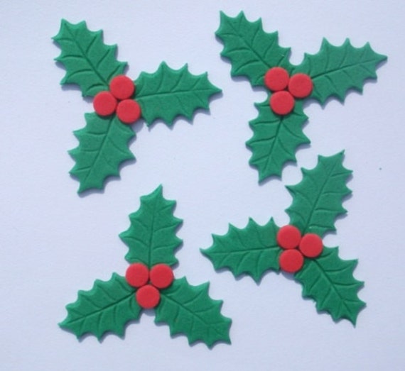 18 edible CHRISTMAS HOLLY LEAVES & berries cake cupcake Etsy