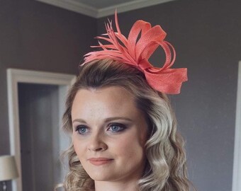 Coral pink fascinator, wedding bridesmaid