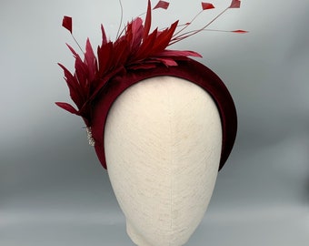 Burgundy red padded fascinator, feather fascinator