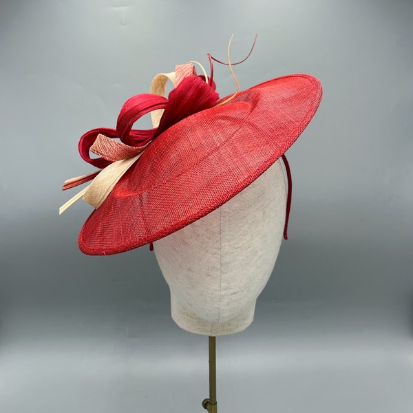 Red and cream saucer fascinator, wedding hat