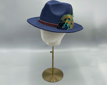 Navy blue felt fedora hat ladies with peacock feathers