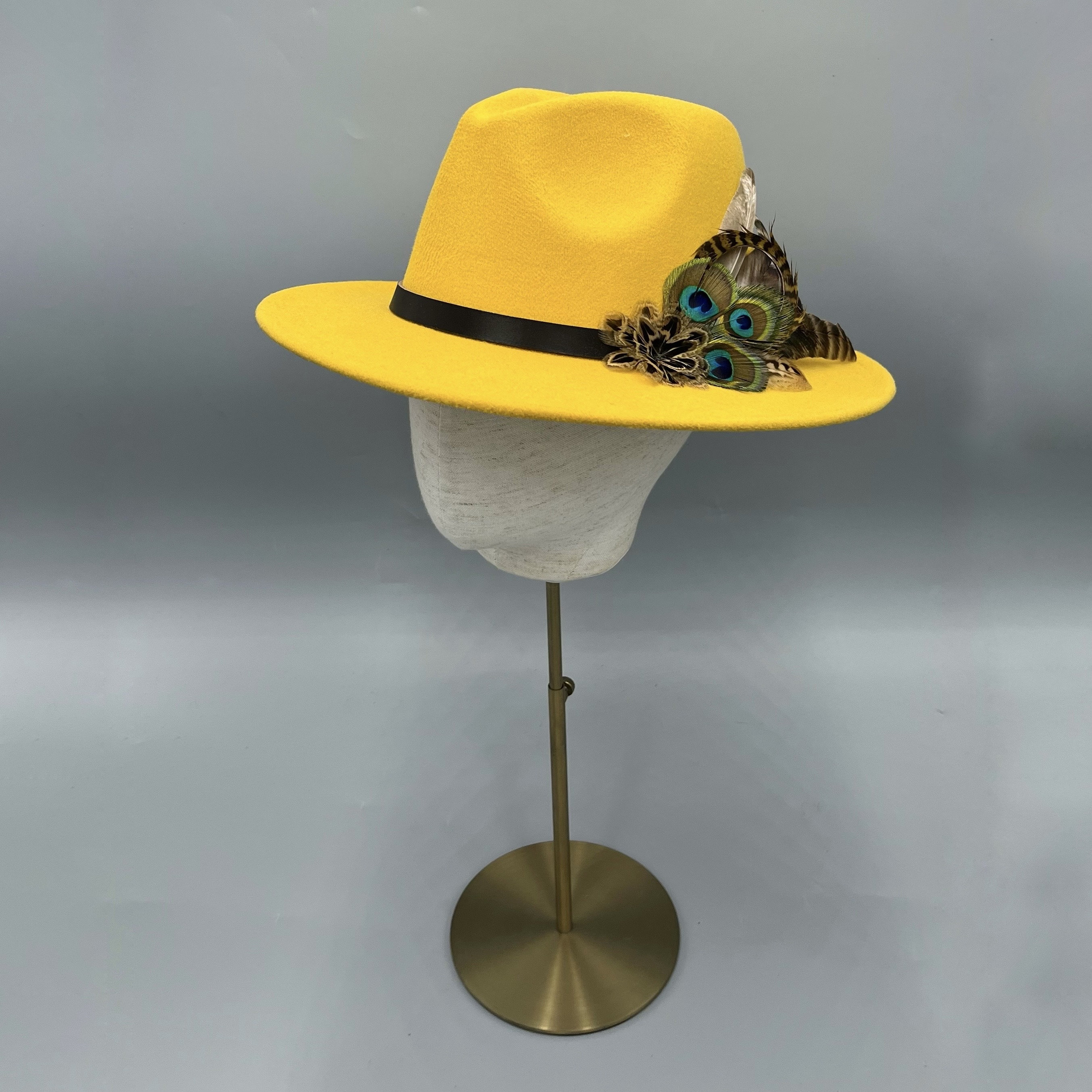 Yellow Wool Felt Fedora Hat: Wide Brim Boho Style, Feather  display picture 2