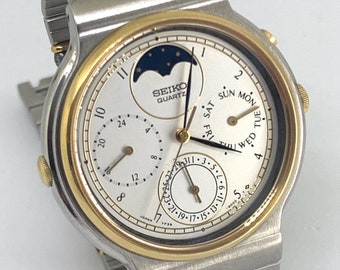 【美品】SEIKO quartz wave clock 80s Vintage Seiko Moonphase Calendar Watch: 1980s Japanese
