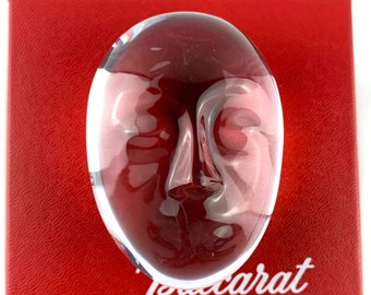 Raro fermacarte in vetro artistico Baccarat: volto umano scolpito, scatola originale