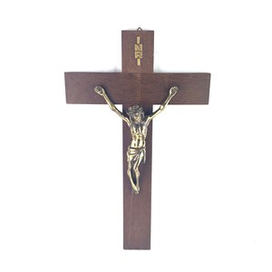 Vintage Wooden Crucifix: Gold Tone Metal Jesus, INRI Inscription