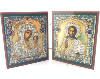 Vintage russische Faltenikone von Maria und Jesus, Vintage religiöse Ikone, hölzerne Ikone, Madonna-Ikone, Jesus-Ikone, Jungfrau Maria-Ikone