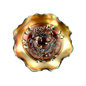 Antique Fenton Carnival Glass Bowl: Iridescent Acorn Pattern, Art Nouveau Decor