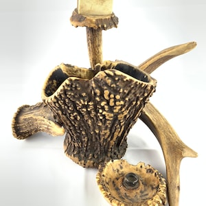Könnte beinhalten: Ein dekorativer Aschenbecher aus Geweih mit einer kleinen Schale und einem Ständer. Das Geweih ist naturbraun und hat eine raue Textur.