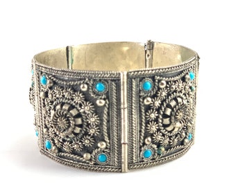 Bracelet Ancien En Argent Massif 925 - Style Jonc Avec Turquoises Et Gravures - Occasion