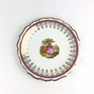 Vintage Limoges Porcelain Plate: Handpainted Lovers Scene, Burgundy Border