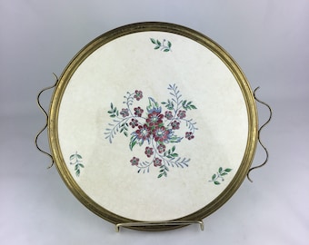Vintage Floral Porcelain Tray: Handpainted Art Deco Style, Brass Handles