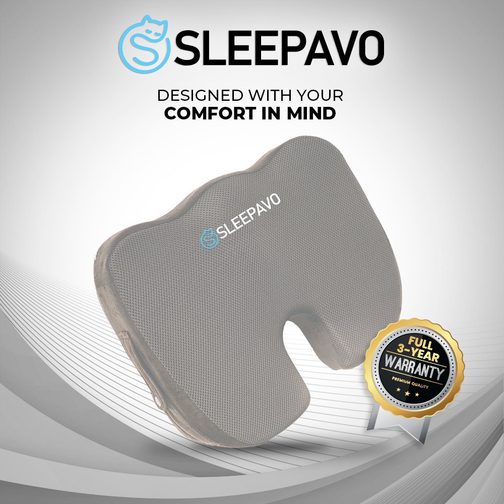 Sleepavo Memory Foam Seat Cushion for Sciatica, Coccyx, Back, Tailbone &  Lower Back Pain Relief