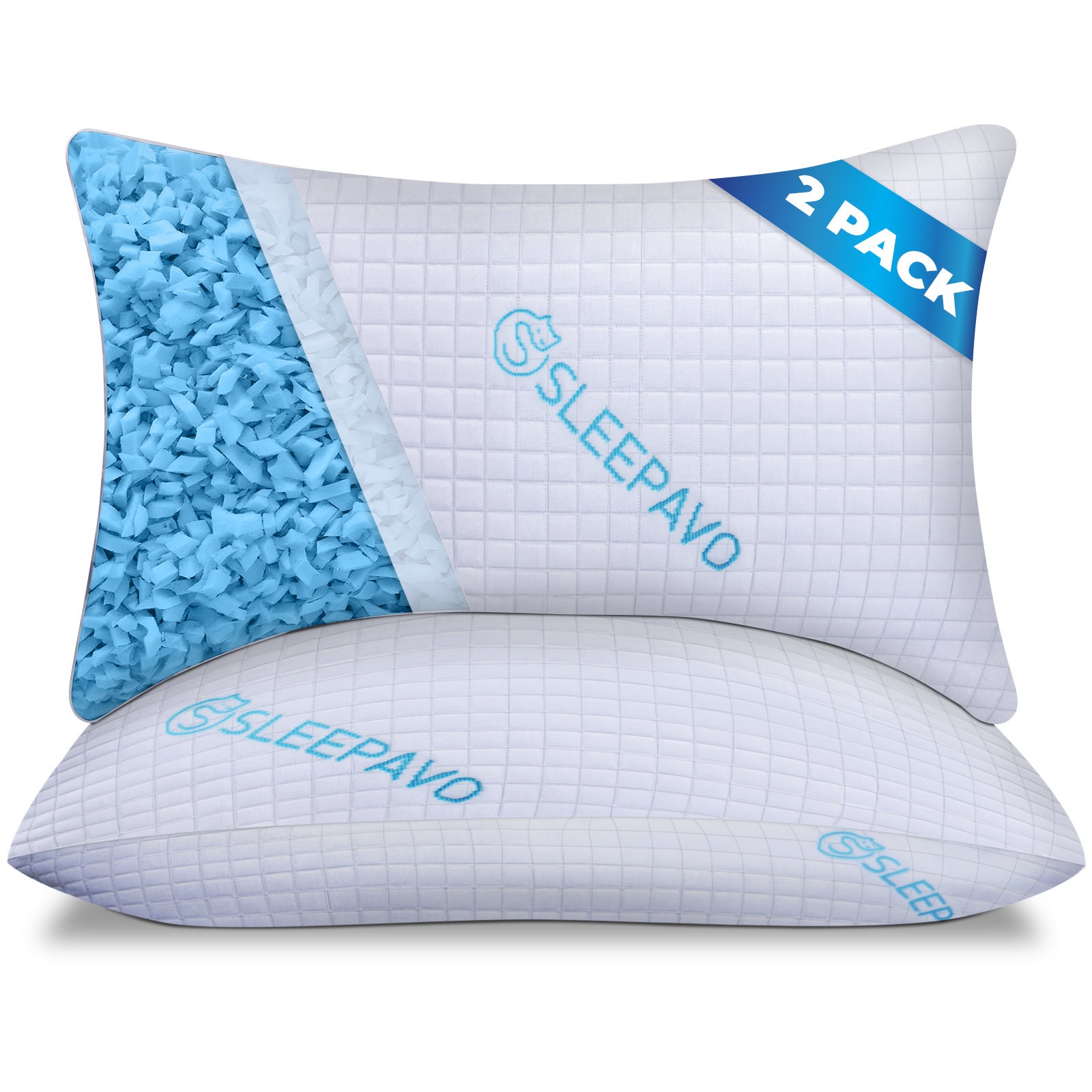Shredded Memory Foam Pillows Queen Size Set of 2 Bed Pillows for