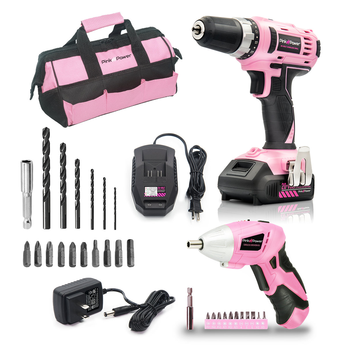 Pink Power 20V Cordless Drill - Electric Drill - Power Drill Cordless -  Hand Drill Lithium Ion Portable Pink Drill Set Tool Set for Women w/  Battery 