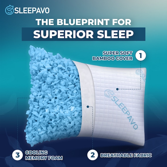 Sleepavo Shredded Memory Foam Cooling Pillows Queen Size Set of 2 - Adjustable Soft & Firm Bed Pillows for Sleeping, White