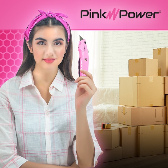 Pink Power Pink Box Cutter Retractable, Pink Utility Knife for Carpet, Cute Box  Cutter Knife Heavy Duty 3 Blades and Storage Compartment 