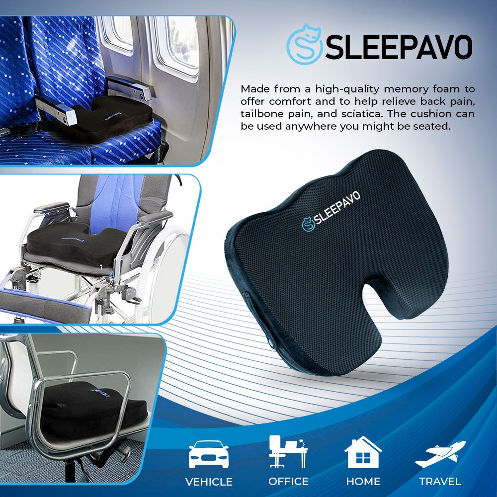 Sleepavo Soft Memory Foam Seat Cushion for Office Chair Butt Pillow for  Sciatica, Coccyx, Back, Tailbone & Lower Back Pain Relief 