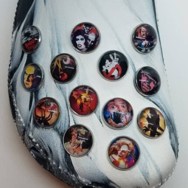 Retro Horror Movies Shoe Charm Set, 13 Pcs, Clogs, Halloween, Scary, Aliens, Basket Case, Zombies, Rocky Horror, Dracula, Monster, Ghosts,