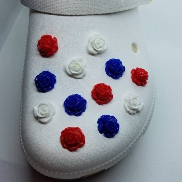 12 PC Red White Blue Resin Roses Shoe Charm Set Clogs 16mm Cabochons 4th of July Patriotic Military