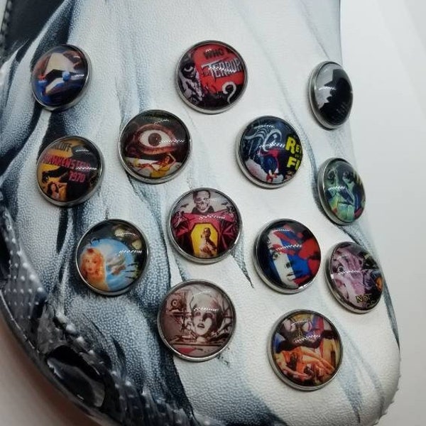 Retro Horror Movies Shoe Charm Set, 13 Pcs, Clogs, Halloween, Scary, Aliens, Frankenstein, Zombies, Rocky Horror, Dracula, Monster, Ghosts,