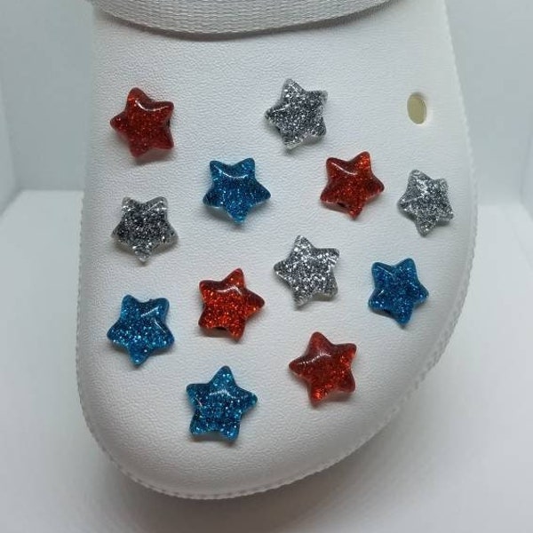 12 PC Red White Blue Glitter Stars Shoe Charm Set Clogs 18mm Cabochons 4th of July Patriotic Military