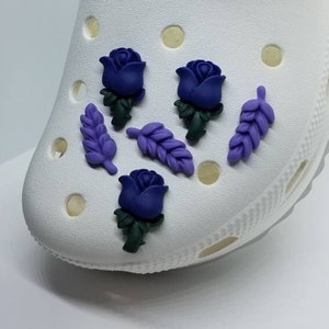 Roses and Leaves Shoe Charms, 6 PCS, Dark Purple Roses, Light Purple Wheat Stalk Style Leaves, Flowers, Floral, Clogs, Resin, Cabochons