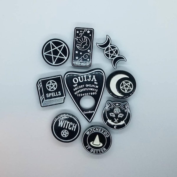 Ouija Wiccan Pagan Shoe Charm Set, 9 Pcs, Planchette, Black, White, Tarot, Moon, Supernatural, Witch, Limited Edition, Gothic, Goth