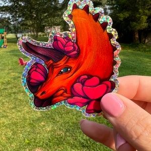 Sticker tricératops avec fleurs en vinyle découpé et scintillant