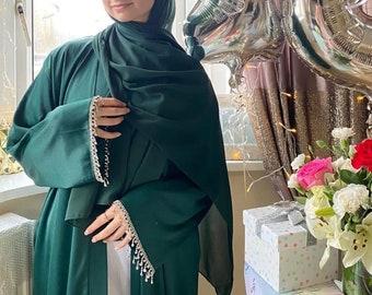 Abaya femme avec perles de manchette d'amour, Robe musulmane modeste avec broderie, Vêtements de la Palestine islamique, Robe de l'Aïd, Robe du Ramadan, Abaya ouverte, Robe caftan