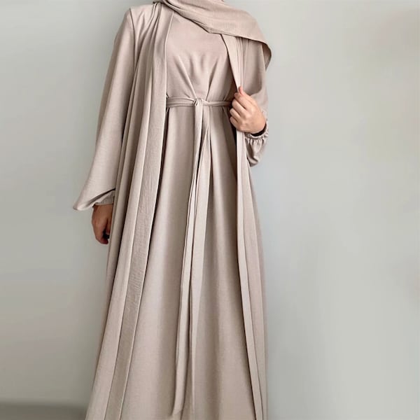 2-teiliges Frauen Abaya, bescheidenes muslimisches Kleid, Islamische Palästina Kleidung, Eid Kleid, Ramadan Kleid, offene Abaya, Kaftan Kleid, Abaya Slip Kleid