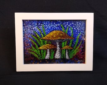 Framed Original Print by Joe Baltich-Mushroom Pointillist